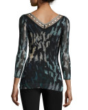 Embroidered V-Neck Abstract-Print Tulle Top, Black/Blue