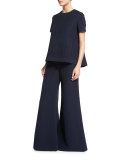 Textured Wide-Leg Flare Pants, Navy