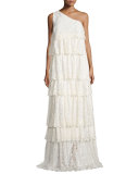 One-Shoulder Tiered Lace Gown, Ecru