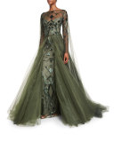 Geometric-Beaded Long-Sleeve Cape Gown, Forest Green