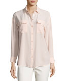 Pasha Long-Sleeve Button-Front Silk Blouse, Light Pink