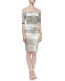 Off-the-Shoulder Metallic Sheath Dress, Aluminum