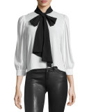 Treena 3/4-Sleeve Blouse w/Oversized Tie, Black/White