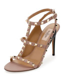 Rockstud Colorblock Caged 100mm Sandal, Nero/Poudre