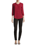 3/4-Sleeve Pleated-Back Blouse, Crimson Red