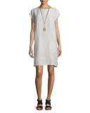 Short-Sleeve Check Linen Slub Dress, Soft White