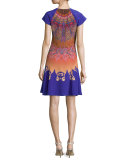 Marrakech-Print Cap-Sleeve A-Line Dress, Orange/Purple