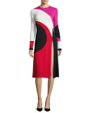 Colorblock Front-Slit Long-Sleeve Dress, Multi Pattern