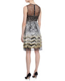 Sleeveless Metallic-Fringe Midi Dress, Black/Gold