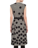 Belted Dotted Houndstooth Sleeveless Dress, Black/Cream