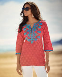 Olivia Dot-Print Embroidered Tunic, Coral/Blue