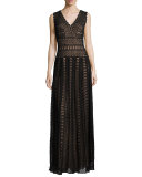 Sleeveless Medallion Lace Column Dress, Black/Nude