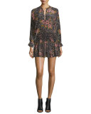 Smocked Floral Silk Mini Skirt, Noir