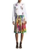 Ikat-Print Pleated A-Line Skirt, Green