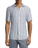 Slim-Striped Short-Sleeve Sport Shirt, Blue/Pink