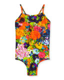 Cross-Back Floral One-Piece Swimsuit, Multicolor, Size 4-7