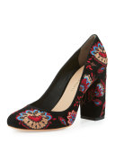 Sydnee Embroidered Chunky-Heel Pump, Black Floral