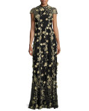 Cap-Sleeve Floral Embroidered Gown, Black/Gold