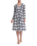Windowpane Long-Sleeve V-Neck Dress, White/Navy