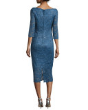 3/4-Sleeve Embellished Floral Cocktail Dress, Medium Blue