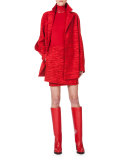Notch-Collar Tiger-Print Coat, Red