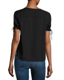 Tie-Cuff Short-Sleeve Crepe Shirt, Black