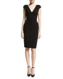 Cap-Sleeve V-Neck Sheath Dress, Black