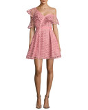 Lace Frill Asymmetric Cold-Shoulder Fit & Flare Mini Dress, Pink