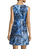 Sleeveless Split-Neck Printed Dress, Blue