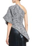 Linear-Jacquard One-Shoulder Top, Black/Gold