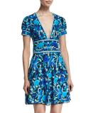 Short-Sleeve Floral-Print Open-Back Dress, Blue/Green/Multi