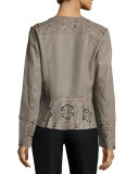 Laser-Cut Fit-&-Flare Lambskin Leather Jacket, Taupe