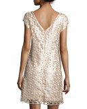 Allover Sequin Cap-Sleeve Dress, Cream/Tan