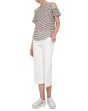 Striped Ruffled Cold-Shoulder Blouse, Khaki/Cream
