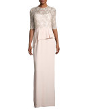 Lace Bodice Peplum Column Gown 