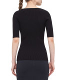 Ribbed V-Neck Half-Sleeve Top, Navy