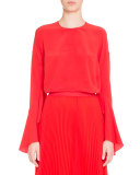Bell-Sleeve Jewel-Neck Silk Blouse, Red