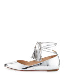 Penelop Metallic Ankle-Wrap Flat, Silver