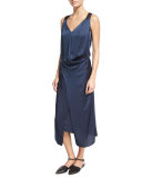 Liquid Satin Sleeveless Midi Dress, Dark Blue