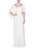 Floral-Embroidered Caftan Gown, Ivory/Multi