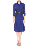 Studded Long-Sleeve Belted Shirtdress, Royal Blue