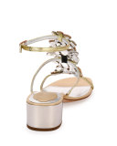 Jeweled Snakeskin T-Strap Sandal, Silver/Rose Gold
