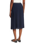 Pleated Plisse Knee-Length Skirt, Navy