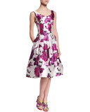 Watercolor Floral-Print Mikado Cocktail Dress, Magenta