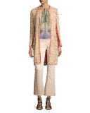 Brocade-Panel Tweed Coat, Peach