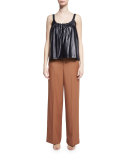 Smocked Leather Camisole, Navy
