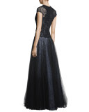 Cap-Sleeve Lace Ball Gown, Black 