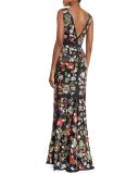 Sleeveless Floral Embroidered Satin Gown, Black/Multicolor