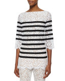 3/4-Sleeve Striped Floral-Lace Blouse