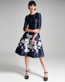 Floral-Skirt 3/4-Sleeve Cocktail Dress, Ink Blue